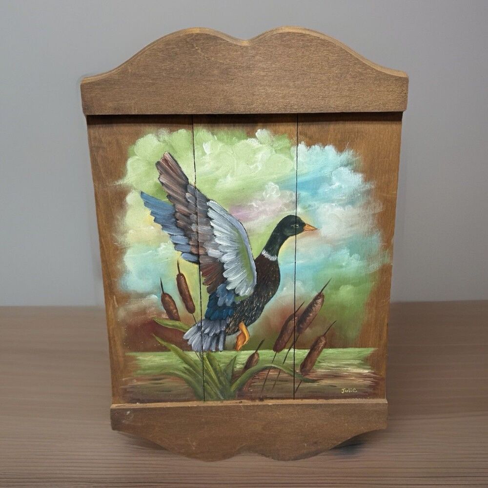 Art OIL On Wood Painting Original Plaque Duck Cattails Mallard Bird 22" x11" VTG